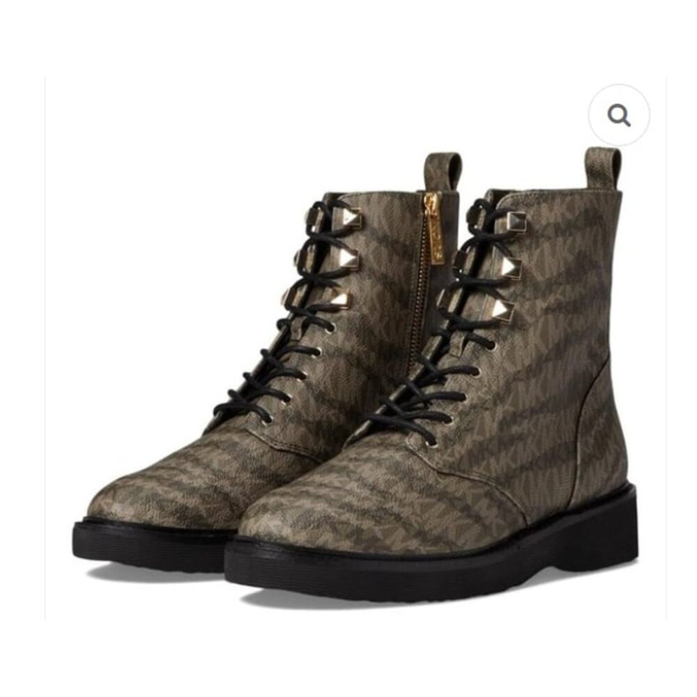 Michael Kors Boots Haskell Olive Logo Lace Up Combat Booties Women's Sz. 7.5 NIB